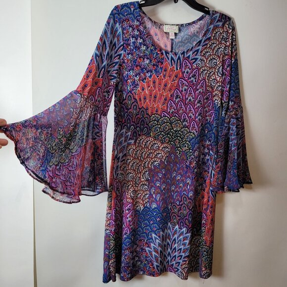 Bohemian/Retro Style Bell Sleeve Tunic Dress Multicolor Peacock Feather Print - Picture 3 of 16